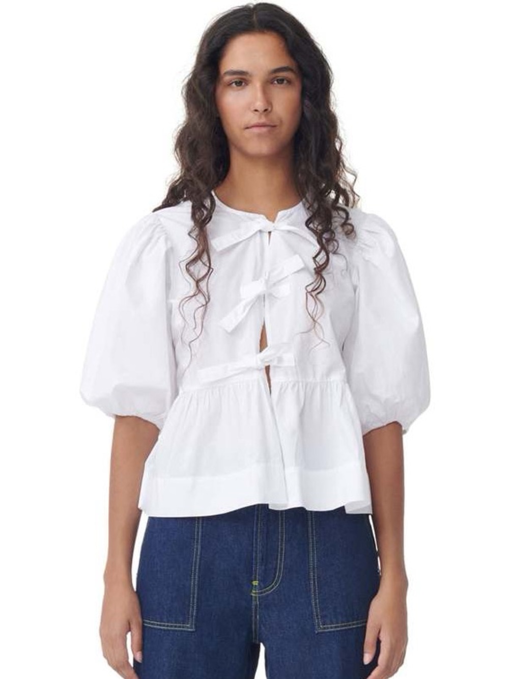 Ganni White Puff-Sleeve Tie-Front Peplum Blouse